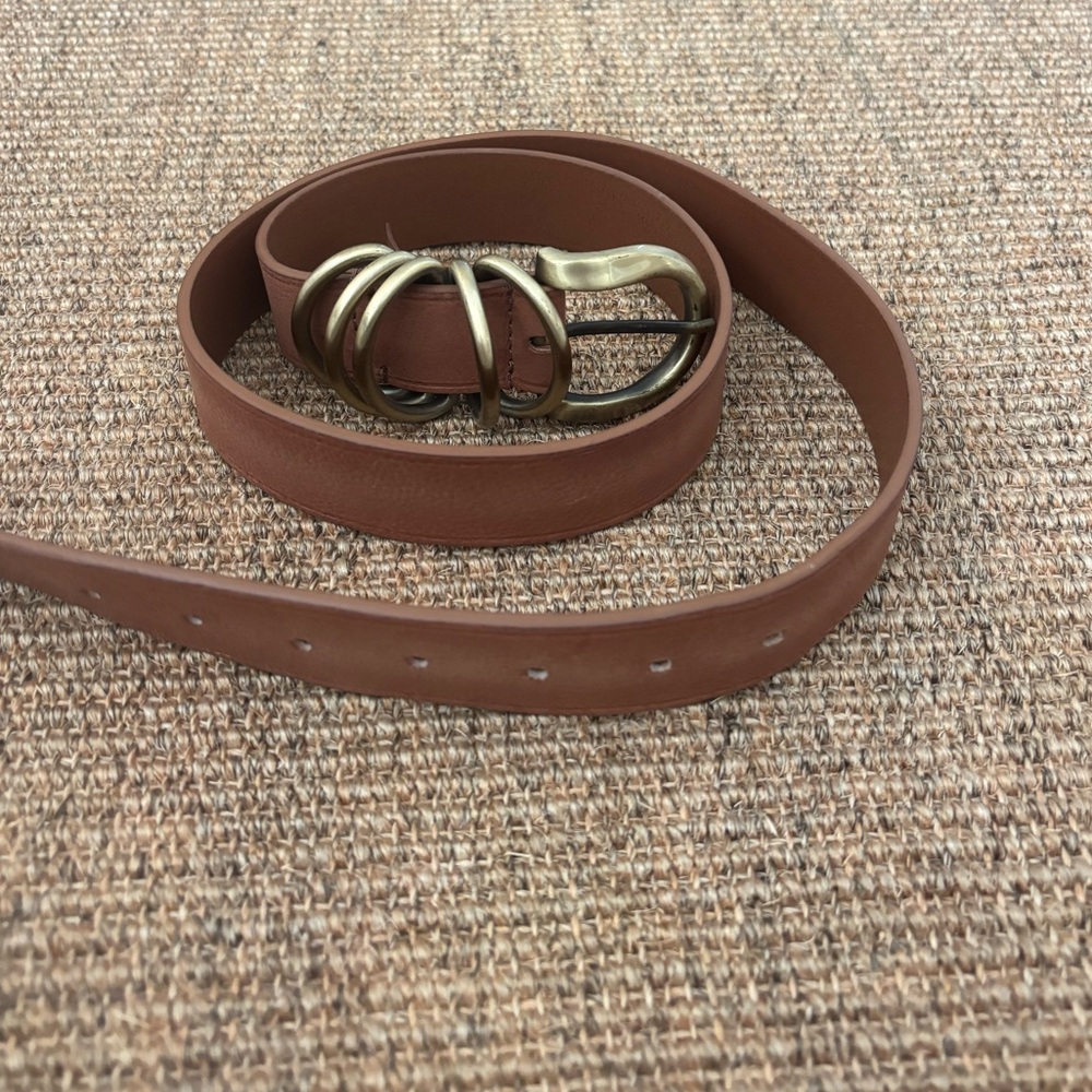 Free People Brown Leather Belt with Antique Gold Triple-Ring Buckle